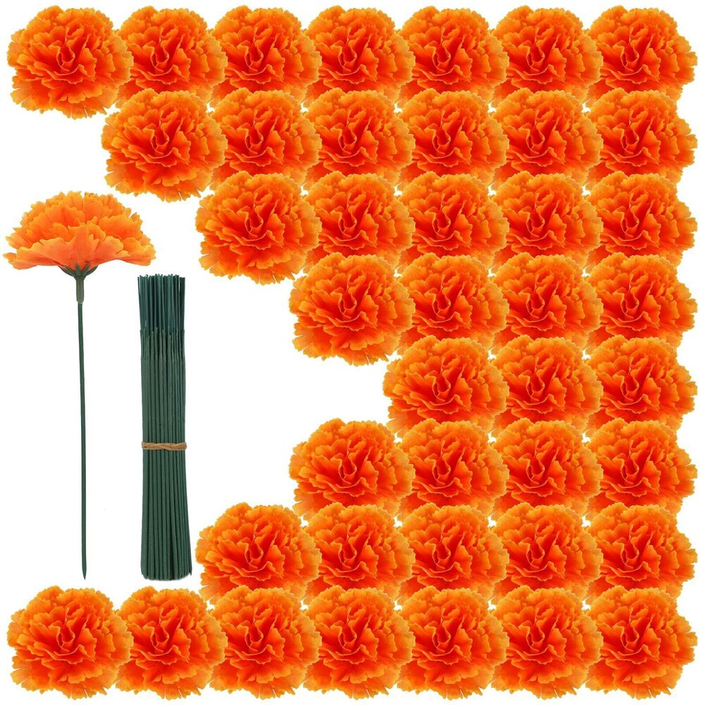 2254 300PCS Marigold Flower Heads with Stems – Artificial Cempasuchil